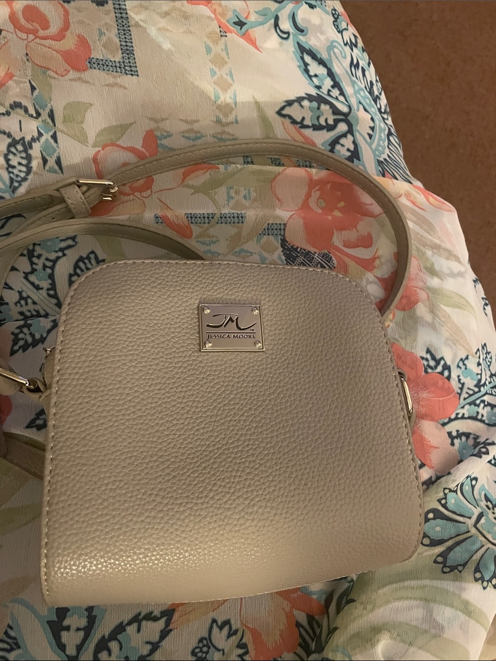 Jessica Moore Pebbled Beige Crossbody Bag with Adjustable Strap